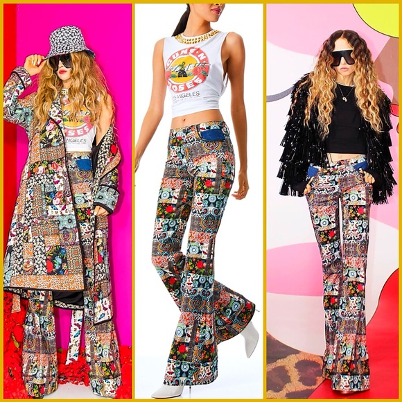 Alice + Olivia Beautiful Patchwork Mid Rise Denim Floral Flared Bell Jeans Pant - Picture 8 of 17